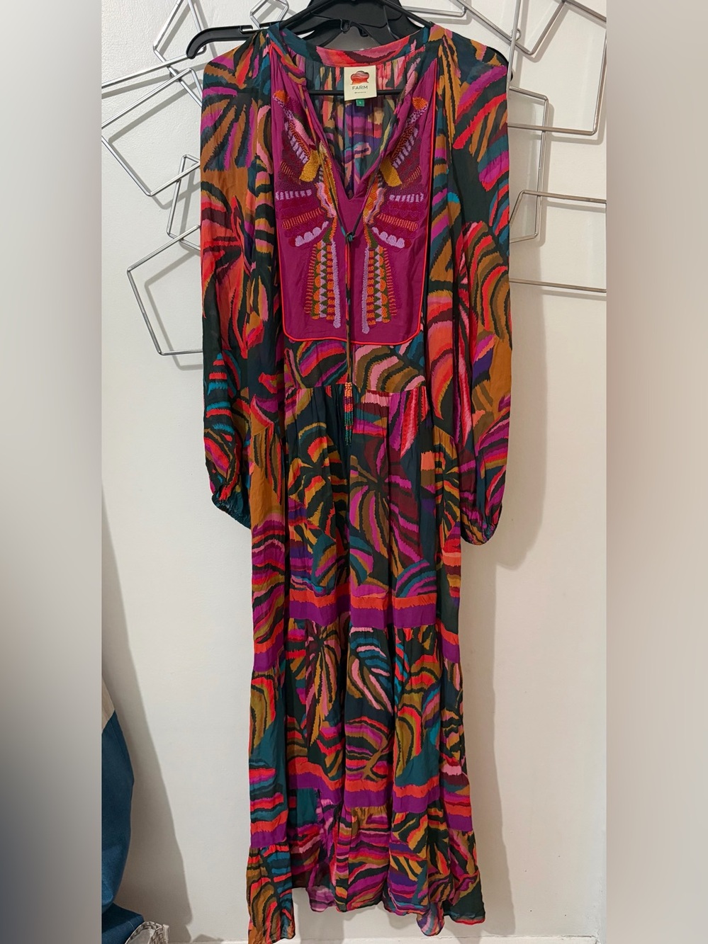 FARM RIO Graphic Foliage Embroidered Maxi Dress, Viscose $ Embroidery $335 Sz L